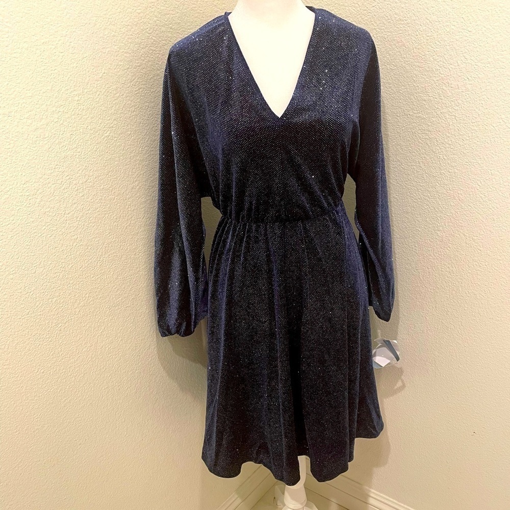 NWT Womens London Times Long Sleeve Metallic Velet Dress Navy Blue Size small‌‌‍